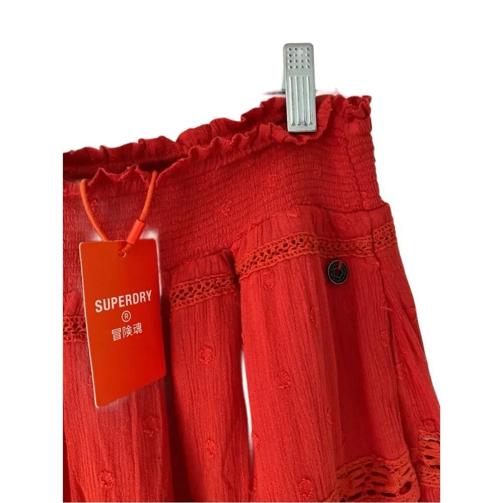 Superdry NWTS Lace Woven Tiered Tomato Red Orange Mini Skirt size 8